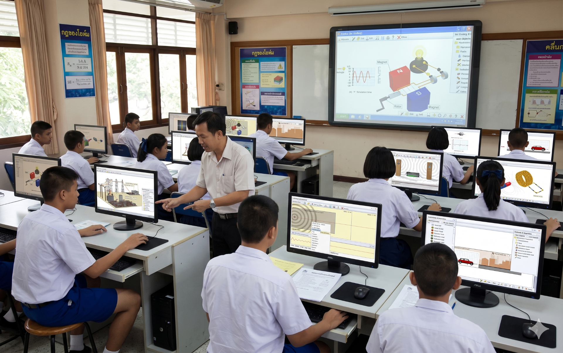 เรียนรวมทั้งห้อง — มอเตอร์ คลื่น และวงจรไฟฟ้าแบบจำลองบนจอใหญ่และคอมพิวเตอร์ของนักเรียน