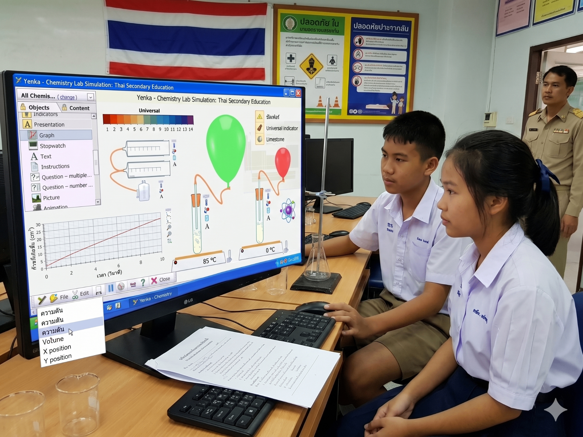 นักเรียนสำรวจตัวแปรบนจอ Yenka Chemistry อย่างใกล้ชิด